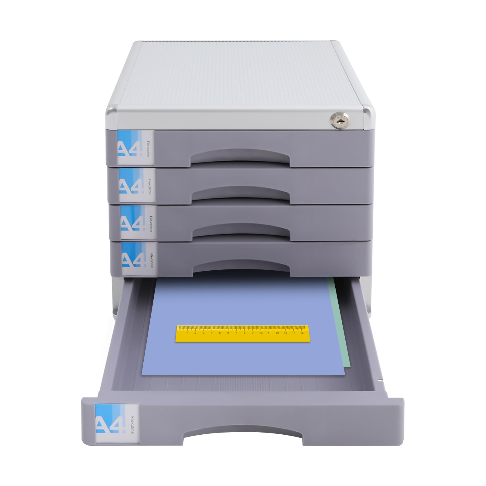 5-Stufige Schubladenbox A4 Organizer mit Schloss - Dokumentenablage Schubladenturm, 25kg Tragkraft, Schreibtisch Organizer für Büro, Homeoffice, 36 x 30 x 31 cm