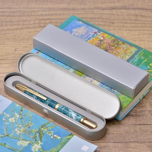 Image of Jinhao 10 Press Fountain Pen with Box, Marble Blue Retractable Extra Fine Nib with Ink Converter Set (Golden Clip)