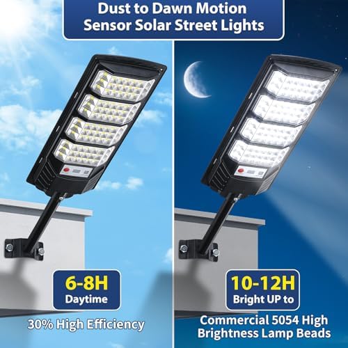 Yusist 2 Pack Solar Street Lights Outdoor Waterproof,6500K LED Motion Sensor Lights,Dusk to Dawn Solar Flood Lights with Remote,Parking Lot Light,Commercial Area Lighting for Outside Detail