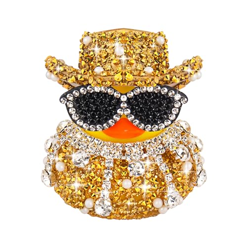 wonuu Cowboy Rubber Duck for Car Dashboard Decorations, Car Interior Dash Accessories Rhinestone Ducky with Sunglasses, Hat, Irregular Drop Fringe Choker (Gold)