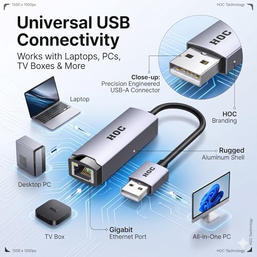 Image of HOC Technologies VINATA USB 2.0 to RJ45 Fast Ethernet Adapter | 10 /100 Mbps | Aluminum Alloy | Driver-Free | Win 7 /8 /10 /11 | Laptop, Desktop, TV Box | 3 Yr Warranty