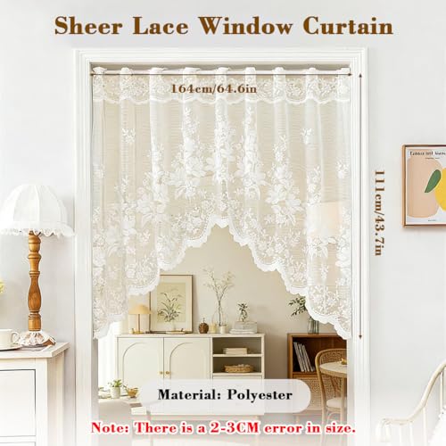 Image of HASTHIP Window Curtain for Kitchen Sheer Lace Floral Embroidered, Semi Door Divider with Rod Pocket Tab Top, Romantic Valance for Kitchen Window Cabinet Room Partition, 160x100cm
