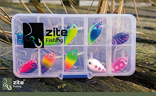 Foto von Zite Fishing Mini-Wobbler Set Neon - 10 Ultra-Light Kunst-Köder Box - Einzelhaken Barsch Forellen-Wobbler 2,8cm
