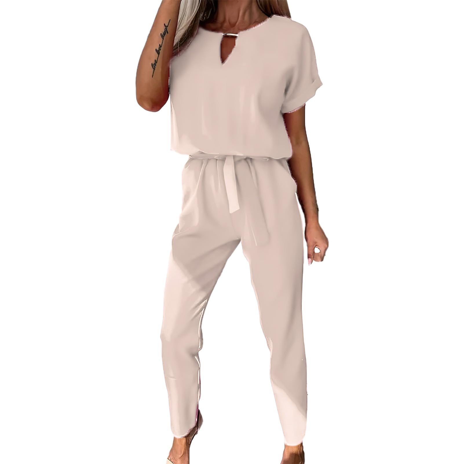 amropi Jumpsuit Damen Elegant Kurzarm Playsuit V-Ausschnitt Casual Lose Overalls Lang Romper