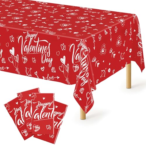 Image of QZYL 4 PCS Valentines Plastic Tablecloths, 54 inch X 108 inch Love Heart-Shaped Tablecloths, Disposable Red Valentines Decorations, Rectangle Romantic Galentines Party Favors for Wedding Anniversary Supplies
