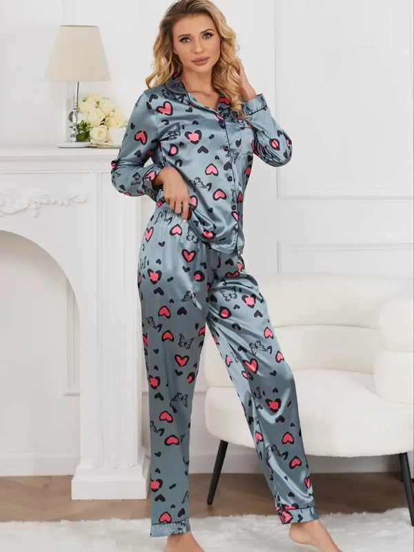 Image of Night Suit for Women with Full Sleeve Button-Down Top with Pant Dress for Woman, Cotton Night Dress for Woman, Two-Piece Loungewear Set