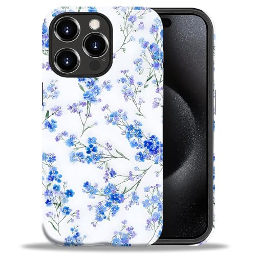 ZHEGAILIAN Case for iPhone 15 Pro,Shockproof Hard Shell + Soft Silicone 2 in 1 Hybrid,Shockproof Bumper Drop Protective - Blue Floral Flower