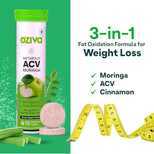 OZiva ACV Moringa | Control Cravings I Apple Cider Vinegar, Cinnamon, Guggul I No Maltodextrin & No Added Sugar I 15 Effervescent Tablets - Green Apple, Pack of 4 (60 tablets) (Image - 2)