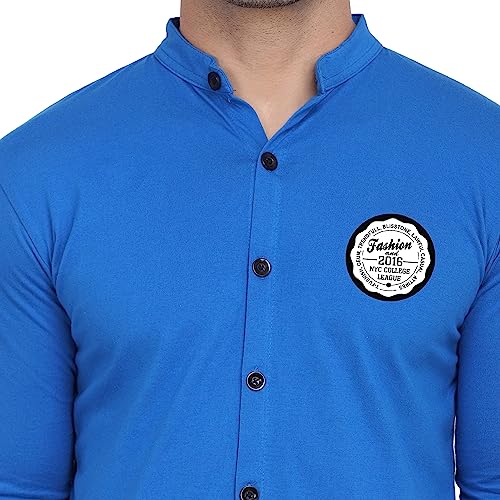 Image of Geum Men's Mandarin Collar Shirt | Slim Fit Full Sleeve Casual Shirt with Printed Chest Logo | Soft Cotton Blend Stylish Button Down for Party, Office