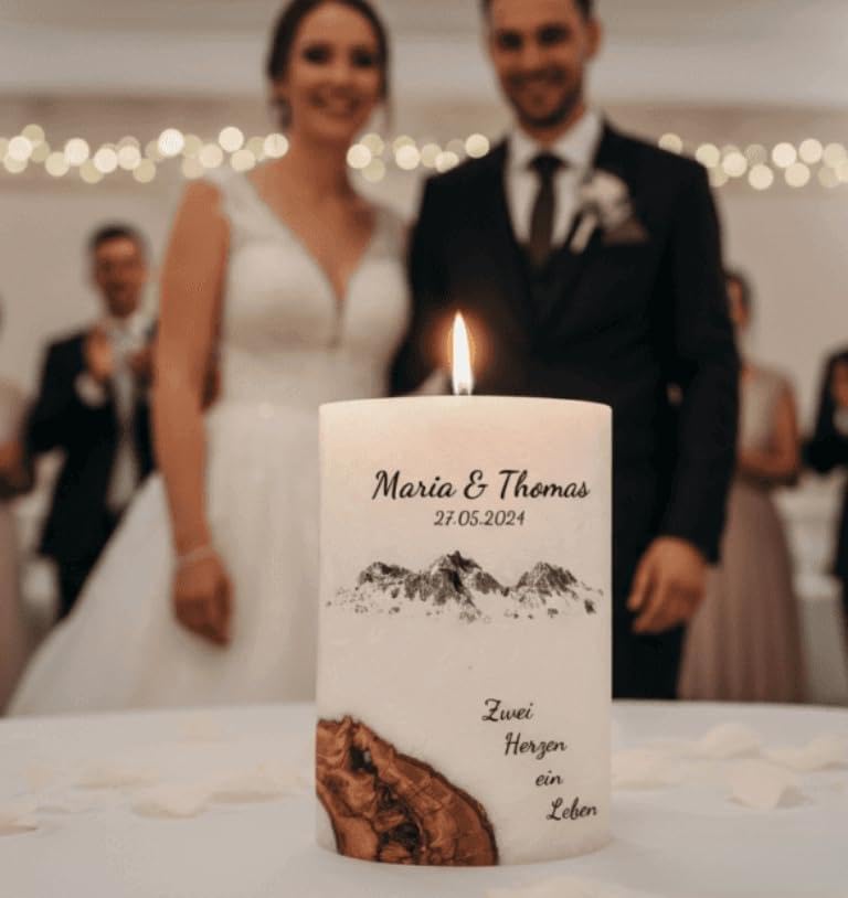 Ovale Hochzeitskerze - Berge. - Hochzeitskerze mit echten Holz und versiegelte Wachsoberfläche. Docht oder Teelicht wählbar. (1 Docht)