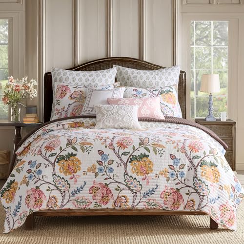 Levtex Home - Maileen Dusty Rose Quilt Set - Twin Quilt and One Standard Sham - Floral - Dusty Rose Ochre Blue Green Brown Off-White - Quilt (68x86in.) and Sham (20x26in.) - Reversible - Cotton