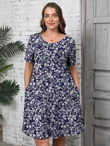 Image of AusLook Plus Size Midi Dress for Women Casual Summer Short Sleeve A Line Swing Dress with Pocket Round Neck Flowy Dress 1X-5X