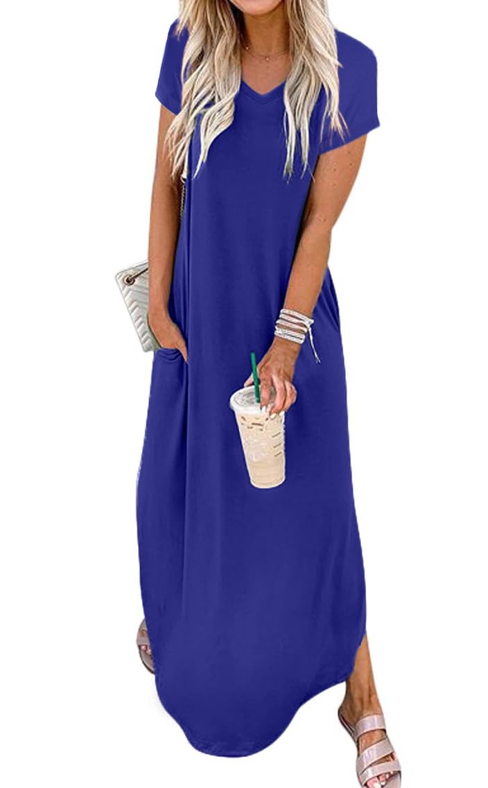 Jeqeocafy Women Summer Long Sundress Crewneck Short Sleeve Maxi Dress 2026 Casual Loose Beach Dress with Pockets