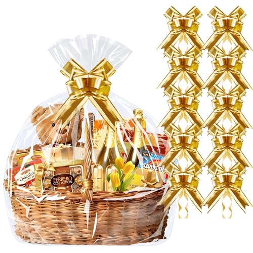 Image of PigPotParty Cellophane Bags for Gift Baskets, 30x40 in, 10 Pack, Gold Bows