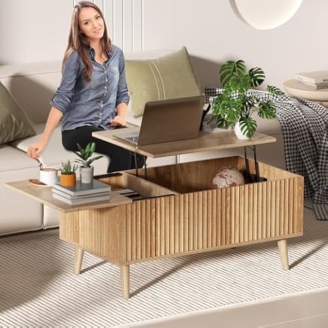 Lift Top Coffee Tables with Hidden Side Storage Box, Fluted Furniture Wood Coffee Table for Small Spaces, Modern Farmhouse Coffee Table Decor Living Room with Wooden Leg Cover