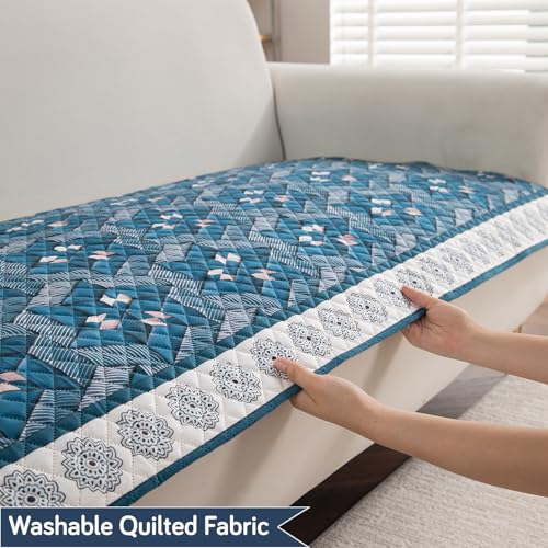 Image of HOKIPO 'LiefNest' Holland Velvet Sofa Cover Mat with Foam Filling for 1 /2 /3 Seater & L-Shape Sofa. Make Your Own Sofa Cover Set, Mat Size: 180(L) cm, Geometric Floral Oriental Blue (IN-825-D4)
