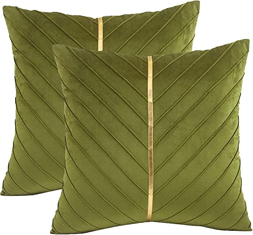Image of Velvet Throw Pillow Covers 22x22 Pack of 2 Gold Decor Olive Green