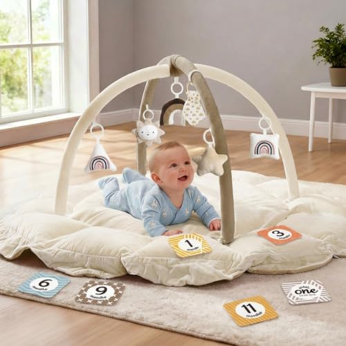 Image of Mallify 5-in-1 Thick & Plush Baby Play Gym, Baby Play Mats for Floor, Tummy Time Mat with 6 Toys, Convertible Stage-Based Developmental from Babies to Toddlers, Ball Pit, Brown