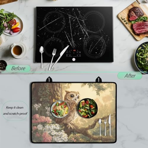 Image of Owl Electric Stove Insulation Mat Water Resistant Dish Drying Mat for Kitchen Non-Slip Rubber Base Heart Resistant Stovetop Protector Home Kitchen Decor