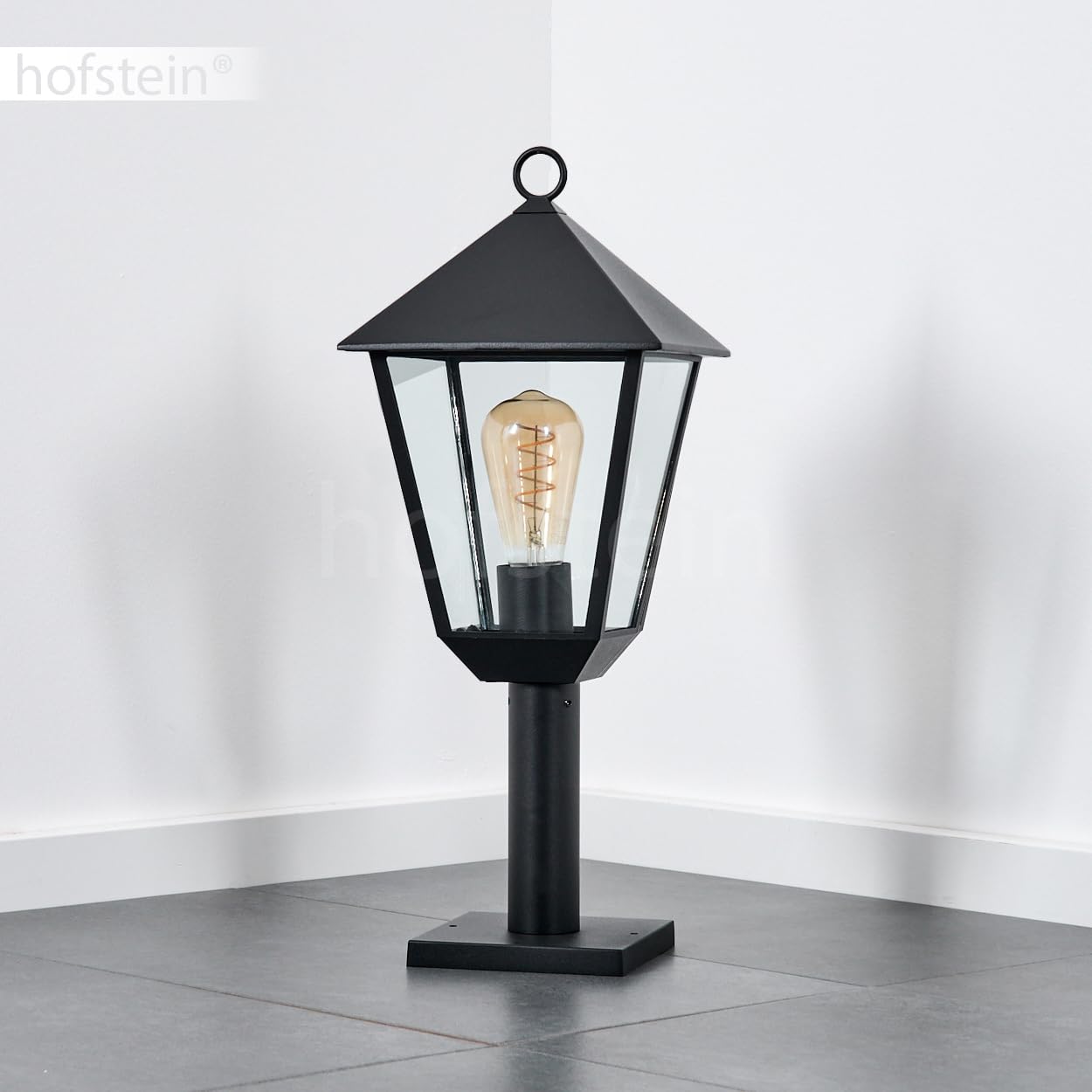 HOFSTEIN Lampa zewnętrzna Anfei, lampa cokołowa z metalu/szkła w kolorze czarnym/przezroczystym, oświetlenie ścieżki w stylu antycznym, wysokość 50 cm, oświetlenie ogrodowe IP44, 1 x E27, bez żarówki