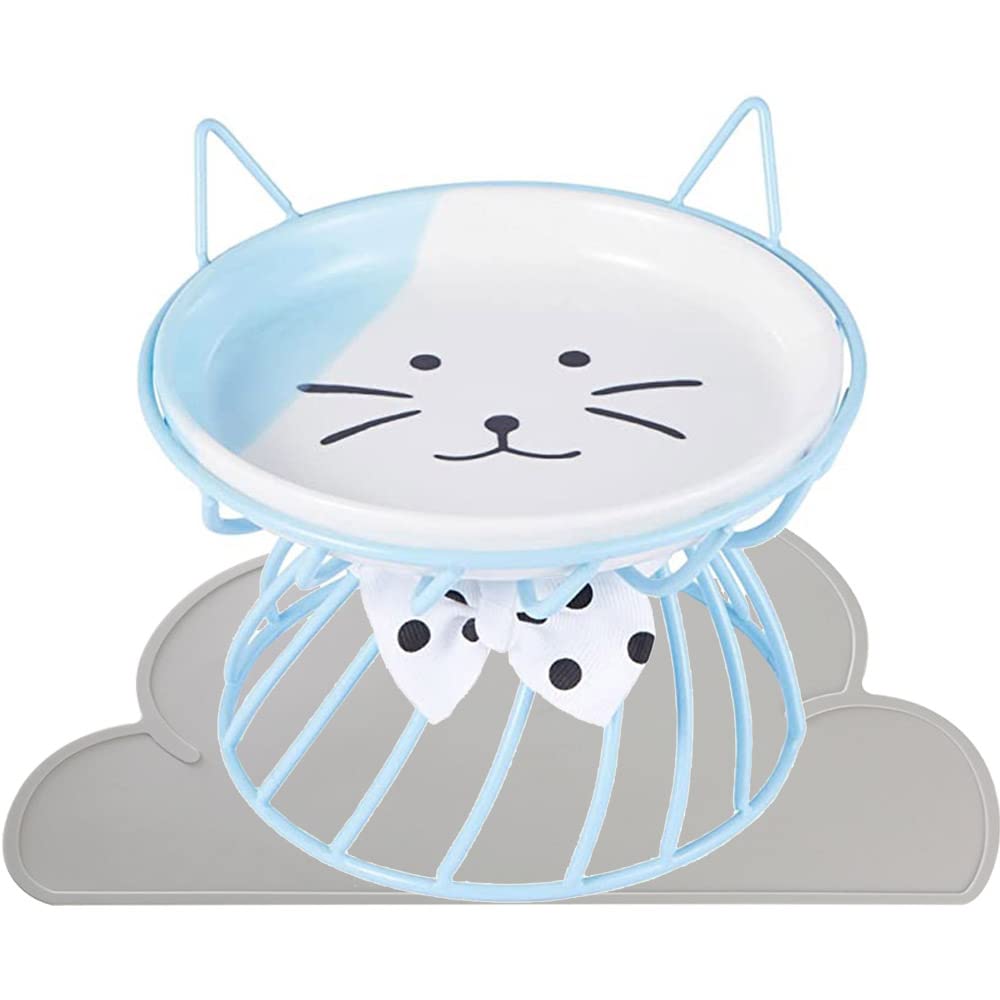 Shiningirl Raised Cat Food Bowls Ceramic Cat Bowl with Metal Stand Elevated Cat Feeding Bowl Cat Dish with Non-Slip Mat Pet Food Bowl for Cats and Small Dogs