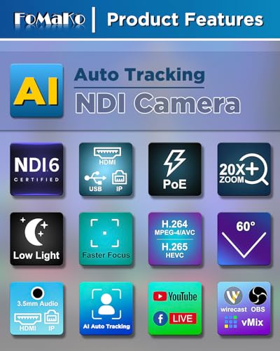 FoMaKo NDI PTZ Camera, AI Auto-Tracking Gen 3, 20x Optical Zoom LAN USB3.0 HDMI PTZ Camera for Church Services Worship Education (NDI 6 & NDI HX3) FMK20UH NDI-B (Black Color) - Image 5