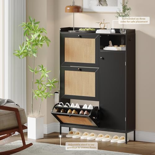 Image of Rattan Wooden Shoe Cabinet, Freestanding 3-Flip Drawer Shoe Storage Organizer, Side Cabinet & Top Fence, Easy Assembly Shoe Rack for Entryway Hallway Living Room, Black