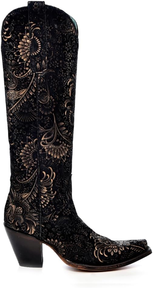 Corral Boots Women's Black Handcrafted Western Boots | Snip Toe Tall Cowboy Boots with Gold Stamped Floral Design