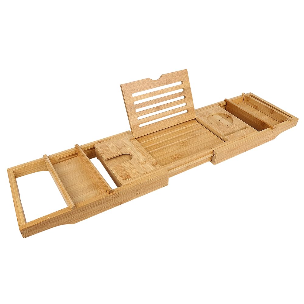 Pont de Baignoire Extensible Bambou,Plateau de Rangement Baignoire Expérience de Spa,2 en 1 Plateau en Bambou Naturel de Baignoire/Lit,avec Support pour Verre à Vin,Livre et Tablette