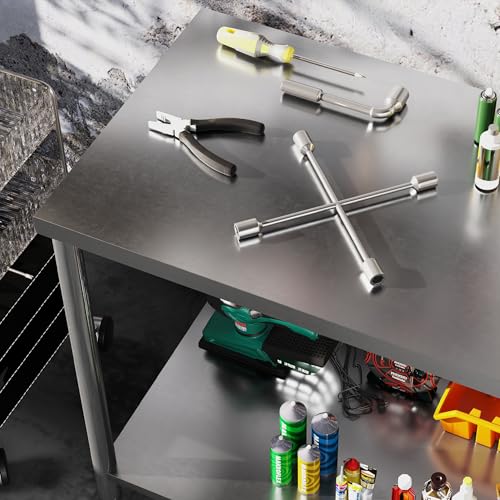 Miniatura 9 de Homcom De Trabajo De Acero Inoxidable De Preparación De Cocina 2 Estantes, Encimera Para Cocina, Garaje, Jardín, 90 X 60 X 86 Cm, Plata