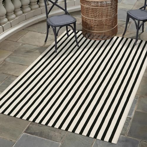 OJIA Washable Area Rugs 4'x6', Black and Cream Outdoor Rug Cotton Woven Entryway Rugs Indoor Striped Patio Rugs Carpet Large Area Rugs for Bedroom/Porch/Deck/Backyard/Living Room