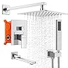 Shower system with tub spout shower faucet set 10 inch bathroom polished chrome square rain shower head with handheld spray wall mounted rainfall shower fixtures contain tub spout  urban country home decor
