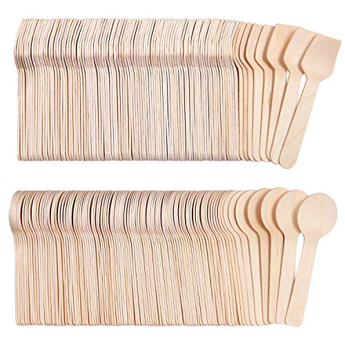 Tupa 200 Pack Mini Wooden Spoons Square Spoons and Round Spoons Style Disposable Eco-Friendly Biodegradable Compostable Set for Parties, Events and Weddings (200)
