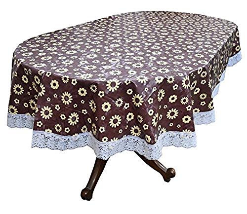 Kartikey PVC 4 Seater Flower Printed Oval Center Table Cover Cloth with White Lace (45×72 inches, Brown)