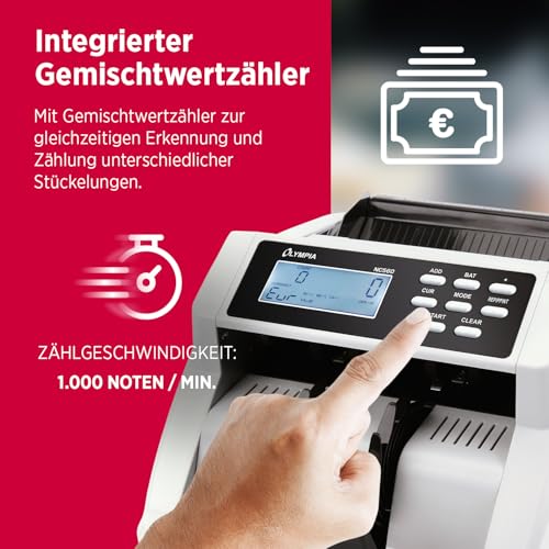 Olympia NC 570 Geldzählmaschine (für Scheine, Echtheitsprüfung, Gemischte Banknoten, LCD-Display, Geldzähler-Maschine für Euro, Dollar, Pfund etc., Profi Geldscheinzähler mit Sortiermodus)