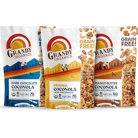 Grandy Organics Coconola Granola Variety Flavors, Original, Chocolate & Peanut Butter, Certified Organic Granola, Gluten Free, Grain Free, 9oz Each, Pack of 3 Cover