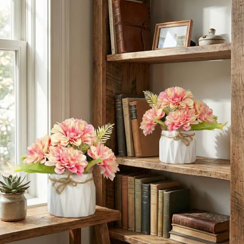 Image of Dekorly Artificial Lavender Plant in White Pot, 18cm - Realistic Faux Flower Arrangement for Home & Office Decor (Set of 1) (2, Chrys Pink Bunch)