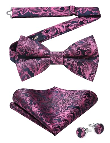 Image of HISDERN Bow Ties for Men Pre-Tied Bow Tie Floral Paisley Handkerchief Classic Formal Bowtie and Pocket Square Cufflinks Set