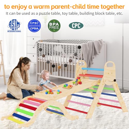Image of Sehloran Large Size 8 in 1 Pikler Triangle Set with Pinball Game and Tent for Kids, Foldable Toddler Climbing Toys Indoor, Natural Wooden Montessori Climbing Set Jungle Gym with Arch&Ramp&Ladder