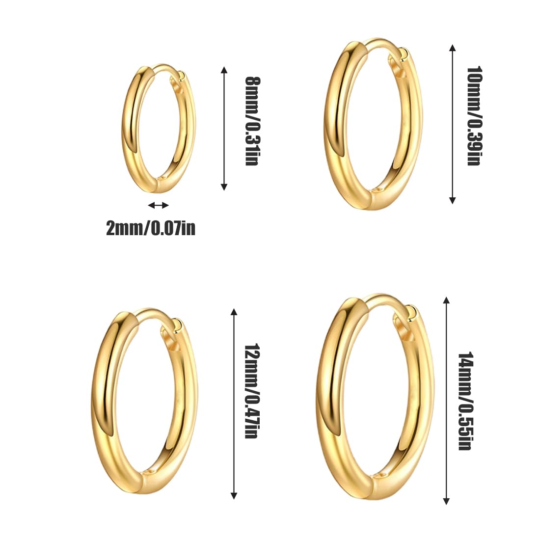 4 Paia di Orecchini in Acciaio Inossidabile Orecchini a Cerchio Piccoli, Leggeri, Acciaio Inossidabile, Cartilagine, Forma a Cerchio, Ipoallergenico (Oro)