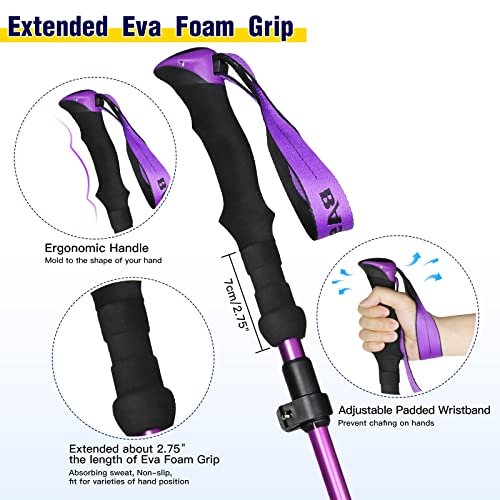 Hugsee Trekking Poles Collapsible Hiking Poles For Women Upgraded Thickened Aircraft-Grade Aluminum Alloy Trekking Sticks Folding Walking Sticks With Extended Grip Tip Kits Carrying Bag, 2Pack Purple #TOP2