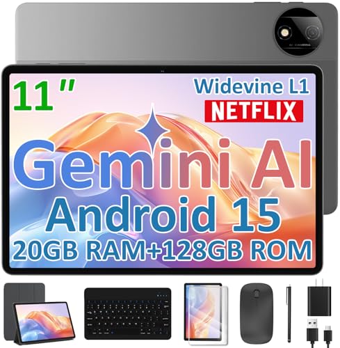 ECOPAD 11 Inch Android 15 Tablet with Keyboard, 20GB RAM 128GB ROM (2TB TF Expand), Octa-Core Processor, WiFi 6, 8000mAh Battery, GMS Certified 2-in-1 Tablets with Mouse, Case, Stylus Included, Black