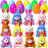 JOYIN 12 Pcs Filled Easter Eggs with Plush Bunny, Bright Colorful Bunnies for Kids and Toddlers, Easter Basket Stuffers and Party Favors, Classroom Prize Supplies