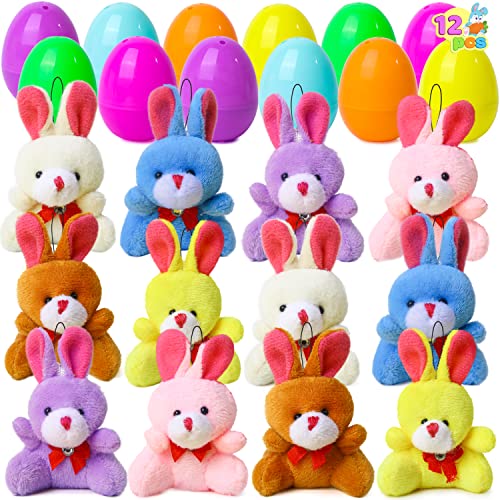 JOYIN 12 Pcs Filled Easter Eggs with Plush Bunny, Bright Colorful Bunnies for Kids and Toddlers, Easter Basket Stuffers and Party Favors, Classroom Prize Supplies
