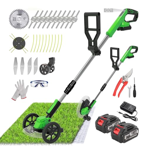 Cordless Weed Wacker Eater Battery Powered, 21V Lightweight Electric Weed Trimmer with 2 Battery Operated & Charger& Wheels & Shears, No-String Grass Trimmer/Brush Cutter/Lawn Edger for Yard Garden