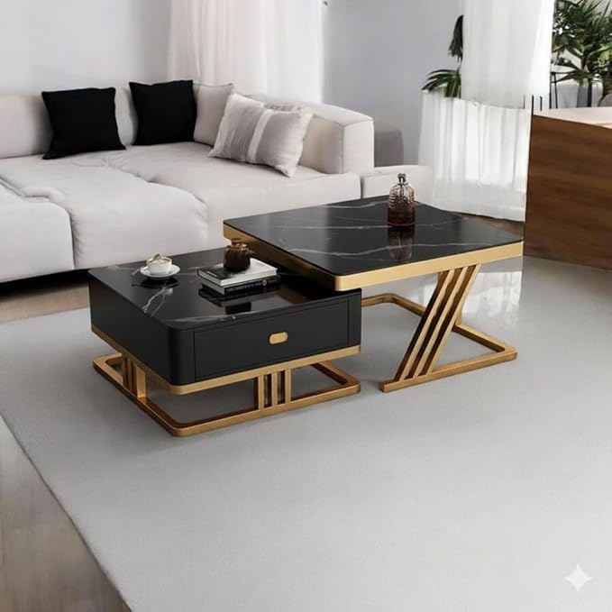 Image of Iron Frame Handmade Drawer Square 20 inchx20 inch Coffee Table Set 2 piece, Nesting Table with Marble Look Center Table Storage Drawer for Living Room /Drawing Room /Balcony (Golden Black)