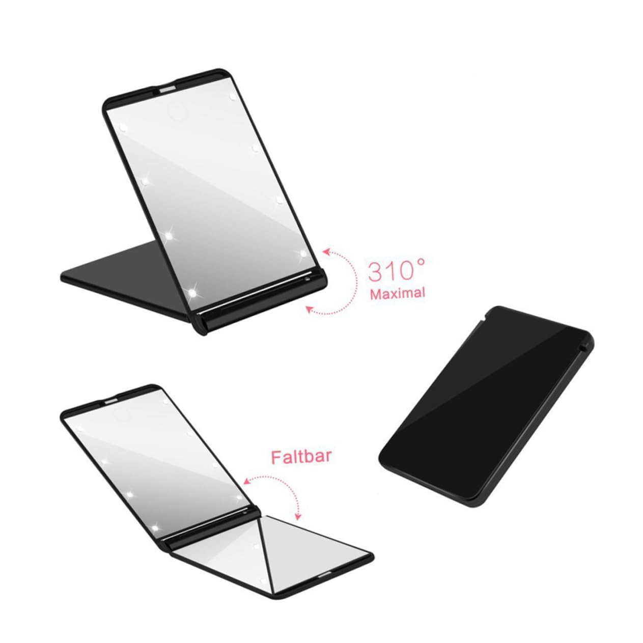 Healeved 3piezas Espejo De Maquillaje Led Compacto Espejo Portátil Luces Rotación De Grados y Diseño para Viajes y Uso Diario Negro
