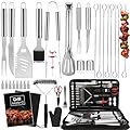 Yoehka BBQ Grilling Accessories Set, 34Pcs Heavy Duty Grill Tools for Outdoor Camping, Grilling Gifts for Men Dad, Stainless Steel Barbecue Utensils Kit with Mats and Glove in Carrying Bag, Silver