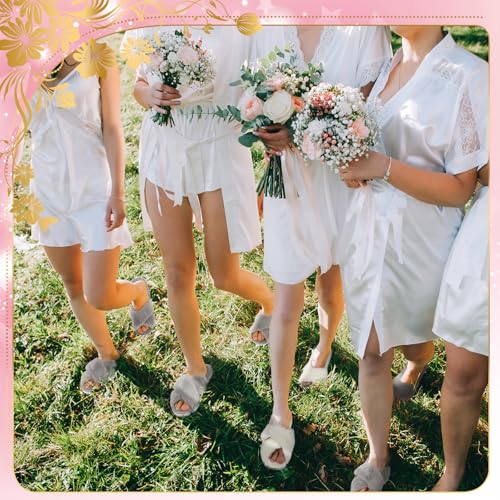 Image of JenPen 7 Pairs Bridesmaids Slippers Women's Cross Band Fuzzy Bachelorette Party Slippers for Wedding Bridal Party