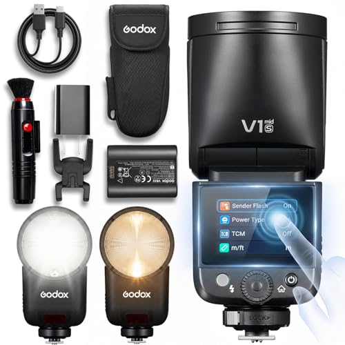 Godox V1 MID S Flash for Sony 55W Round Head Speedlite Touchscreen Upgrade 24mm 650+Full Power Pops 1.7s Recycle TTL/HSS 1/8000s V1MID Lightweight Travel Flash for A7C II A6700 A7IV ZV-E1 Fits AK-R1